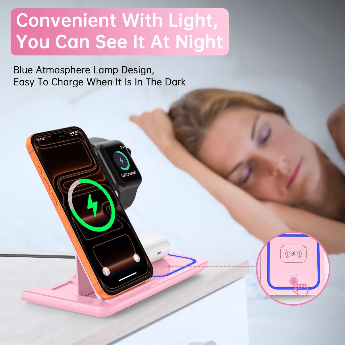 Wireless Charger, 18W 3 in 1 Wireless Charging Station for Iphone 17 16E 15 14 13 12 Pro, Fast Charger Stand for Iwatch SE 9-11 6-8 2-5, Airpods 4/3/2/Pro, Samsung Galaxy Seires (Pink)