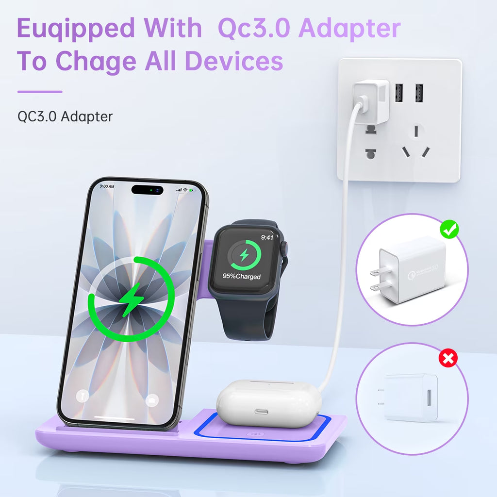 Wireless Charging Station, 18W 3 in 1 Charger Station, Fast Charging Dock Stand for Iwatch Series 11/10/9/8/7/6/SE/5/4/3, Compatible for Iphone 17/16 15 14 13 12 11 Pro Max/Samsung/ Airpod