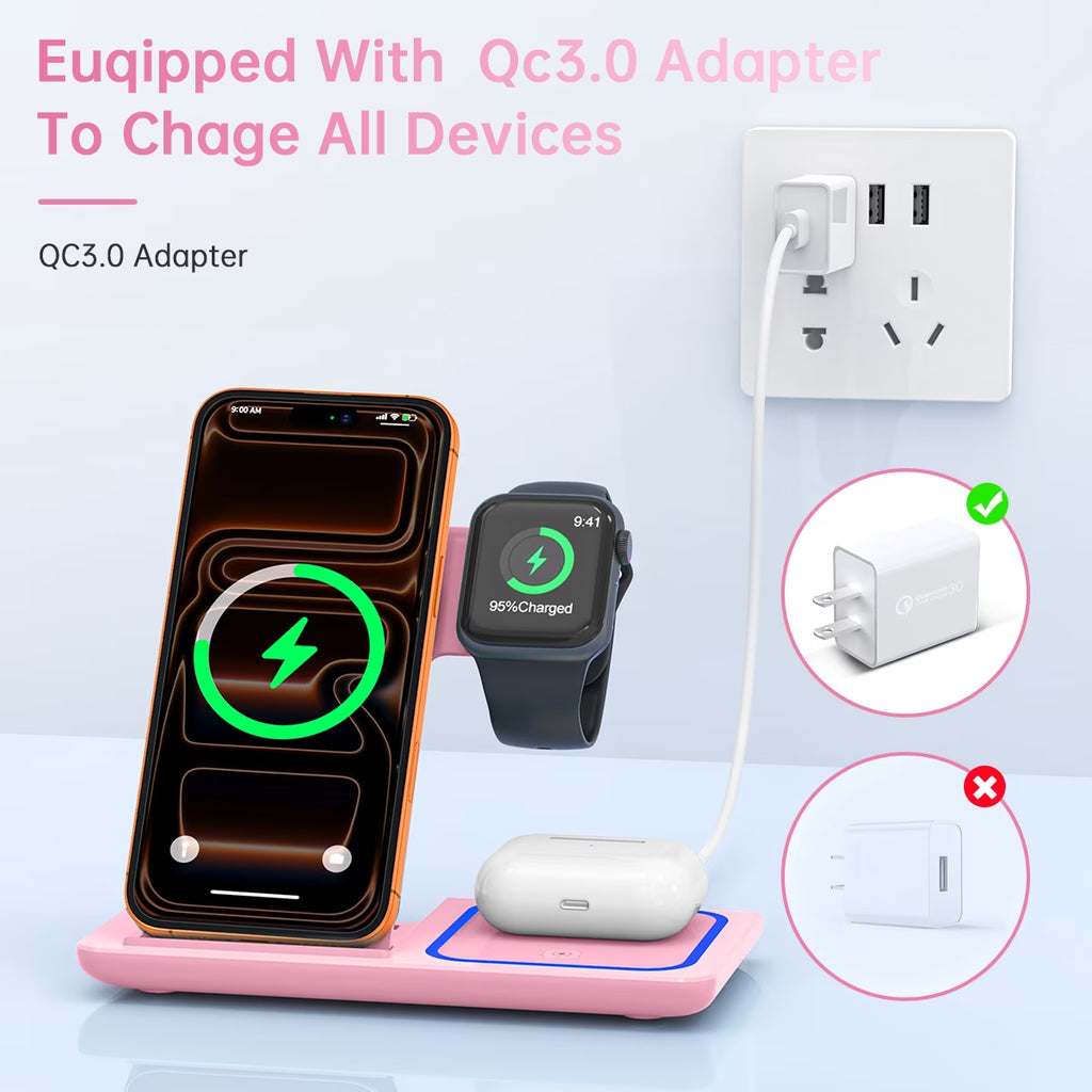 Wireless Charger, 18W 3 in 1 Wireless Charging Station for Iphone 17 16E 15 14 13 12 Pro, Fast Charger Stand for Iwatch SE 9-11 6-8 2-5, Airpods 4/3/2/Pro, Samsung Galaxy Seires (Pink)