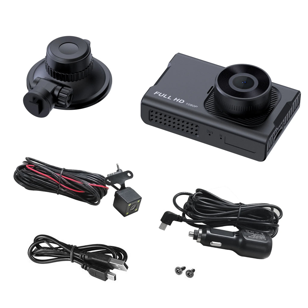 Dash Cam Front & Rear 1080P Full HD Night Vision, Parking Mode, G-Sensor, Loop Recording, WDR, 3-Inch LCD