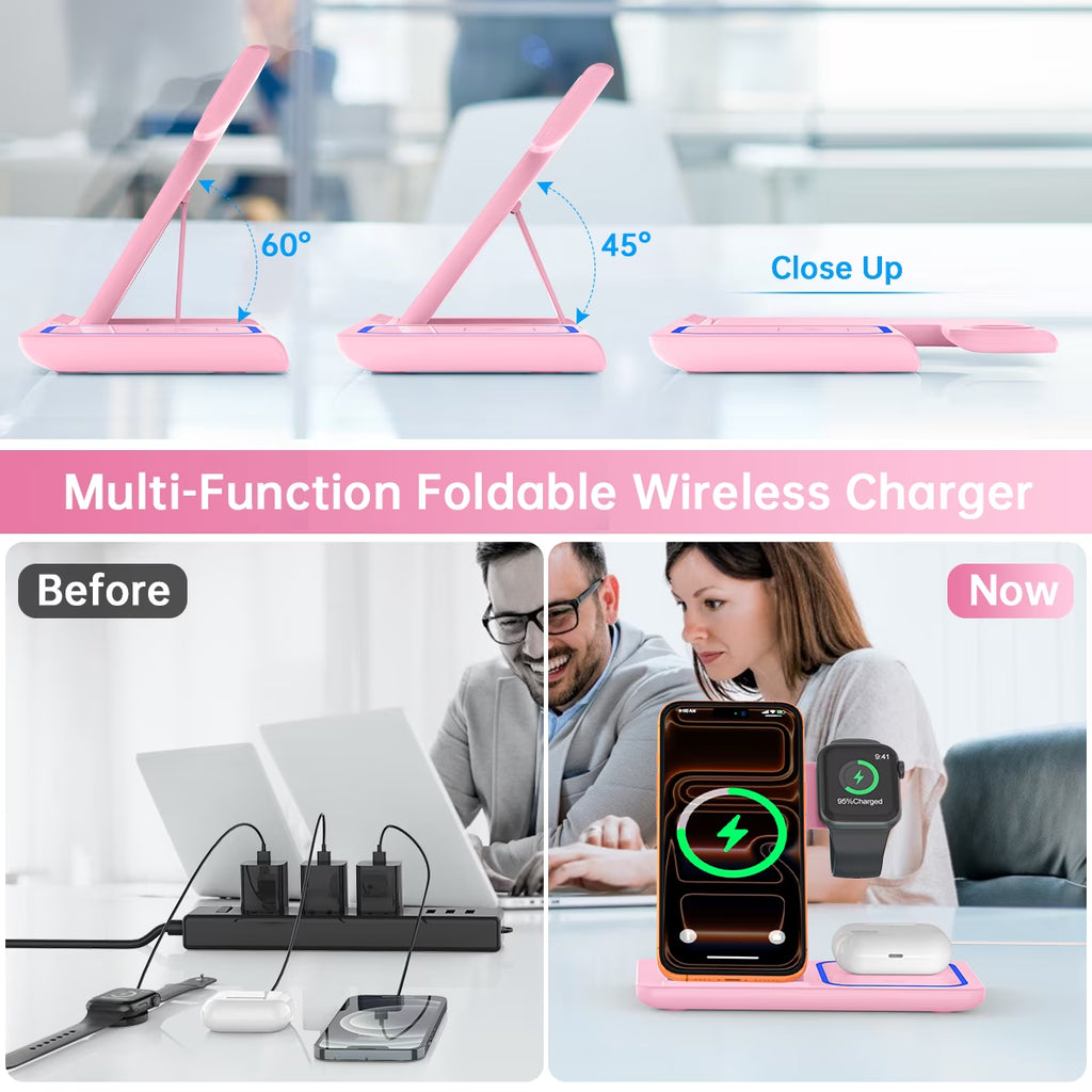 Wireless Charger, 18W 3 in 1 Wireless Charging Station for Iphone 17 16E 15 14 13 12 Pro, Fast Charger Stand for Iwatch SE 9-11 6-8 2-5, Airpods 4/3/2/Pro, Samsung Galaxy Seires (Pink)