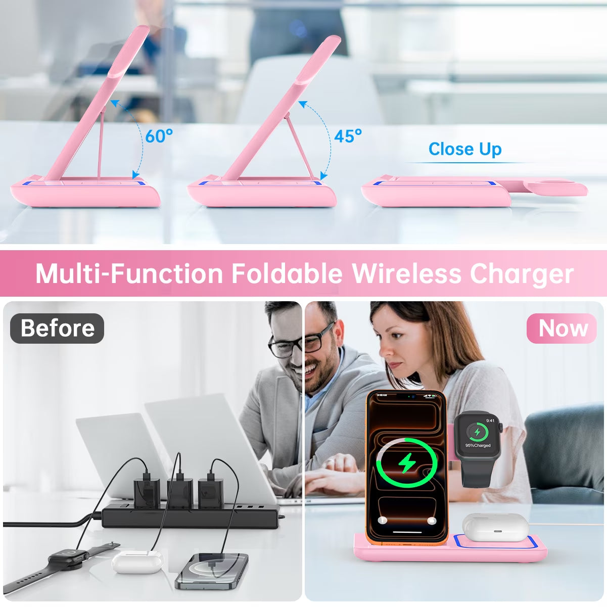 Wireless Charger, 18W 3 in 1 Wireless Charging Station for Iphone 17 16E 15 14 13 12 Pro, Fast Charger Stand for Iwatch SE 9-11 6-8 2-5, Airpods 4/3/2/Pro, Samsung Galaxy Seires (Pink)