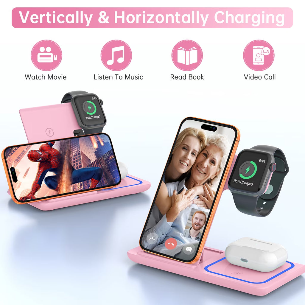 Wireless Charger, 18W 3 in 1 Wireless Charging Station for Iphone 17 16E 15 14 13 12 Pro, Fast Charger Stand for Iwatch SE 9-11 6-8 2-5, Airpods 4/3/2/Pro, Samsung Galaxy Seires (Pink)