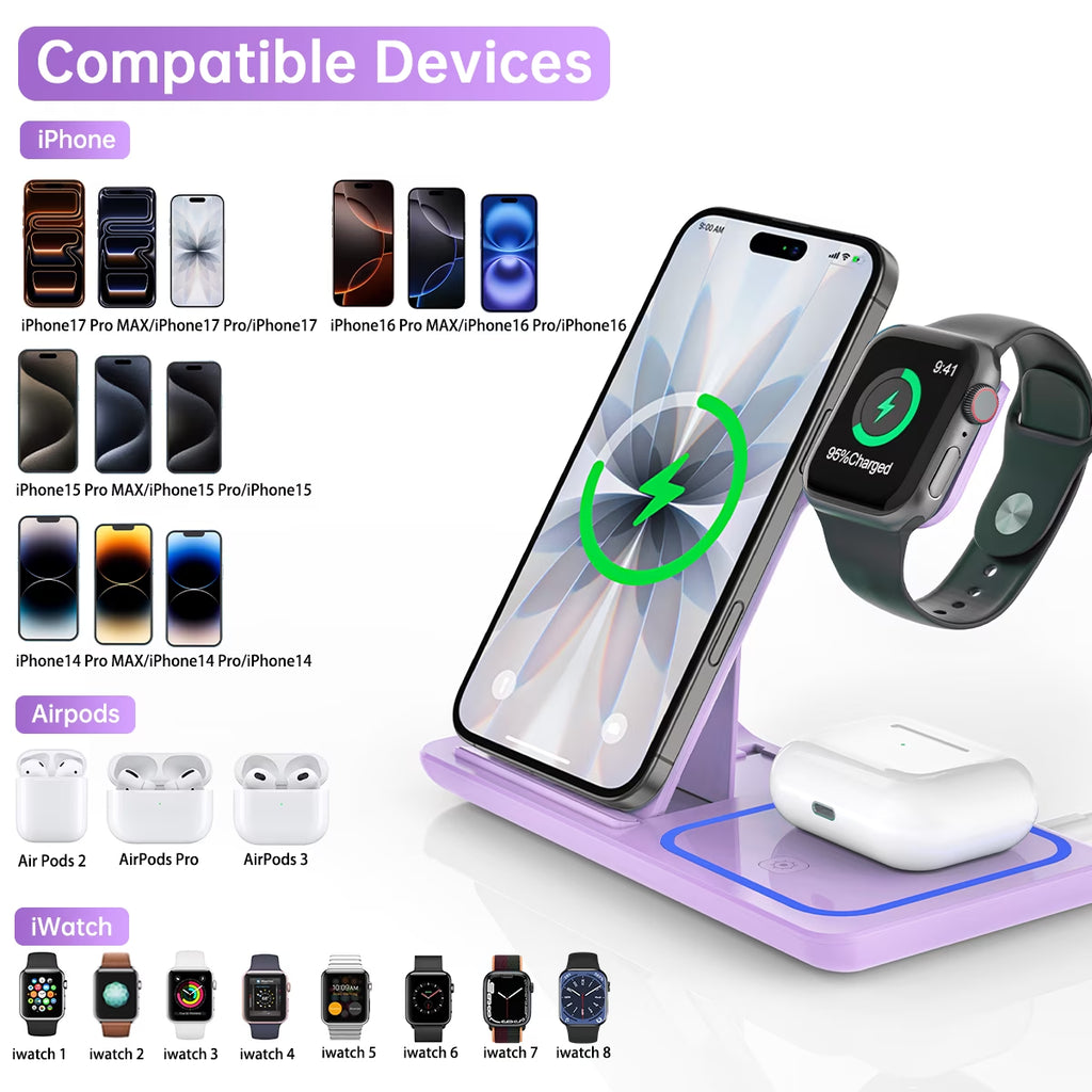 Wireless Charging Station, 18W 3 in 1 Charger Station, Fast Charging Dock Stand for Iwatch Series 11/10/9/8/7/6/SE/5/4/3, Compatible for Iphone 17/16 15 14 13 12 11 Pro Max/Samsung/ Airpod