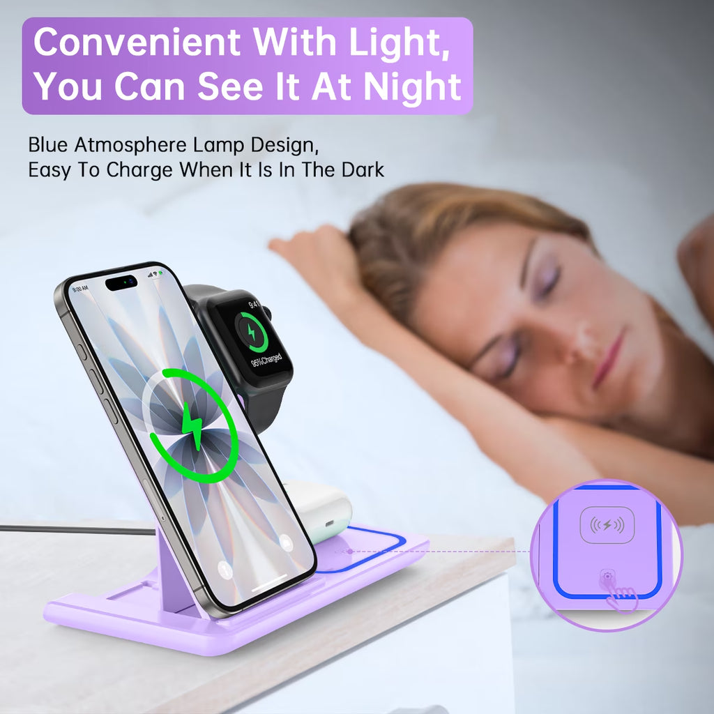 Wireless Charging Station, 18W 3 in 1 Charger Station, Fast Charging Dock Stand for Iwatch Series 11/10/9/8/7/6/SE/5/4/3, Compatible for Iphone 17/16 15 14 13 12 11 Pro Max/Samsung/ Airpod