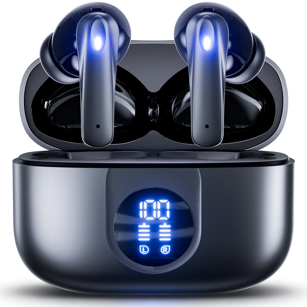 P91 Wireless Earbuds, Bluetooth Headphones V5.4 Stereo Ear Buds with Noise Cancelling Mics, 60H Playback Mini Case with Dual LED Display, IP7 Waterproof In-Ear Earphones for Android Ios