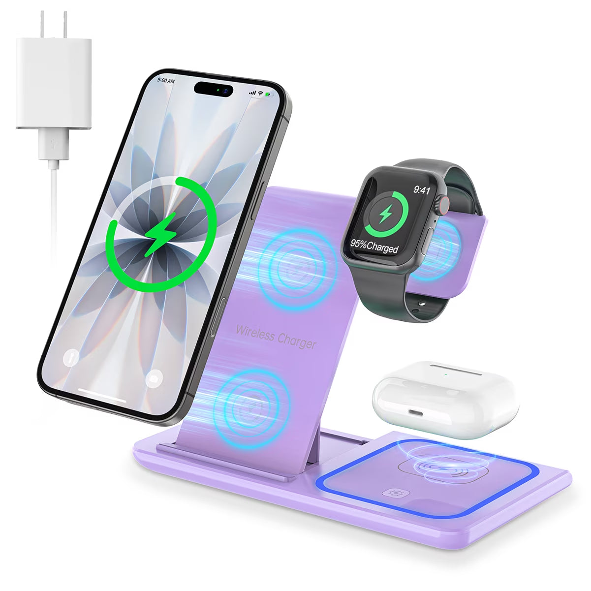 Wireless Charging Station, 18W 3 in 1 Charger Station, Fast Charging Dock Stand for Iwatch Series 11/10/9/8/7/6/SE/5/4/3, Compatible for Iphone 17/16 15 14 13 12 11 Pro Max/Samsung/ Airpod