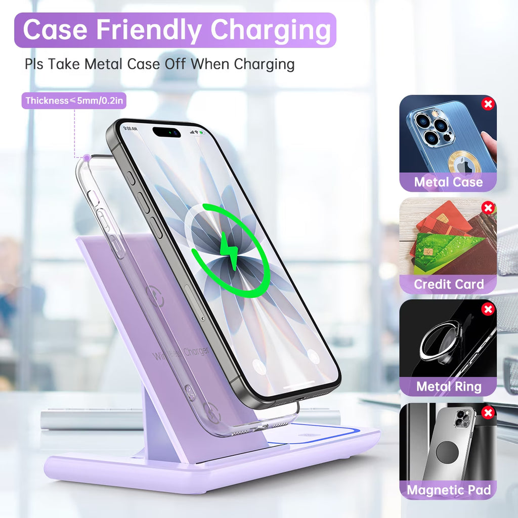 Wireless Charging Station, 18W 3 in 1 Charger Station, Fast Charging Dock Stand for Iwatch Series 11/10/9/8/7/6/SE/5/4/3, Compatible for Iphone 17/16 15 14 13 12 11 Pro Max/Samsung/ Airpod