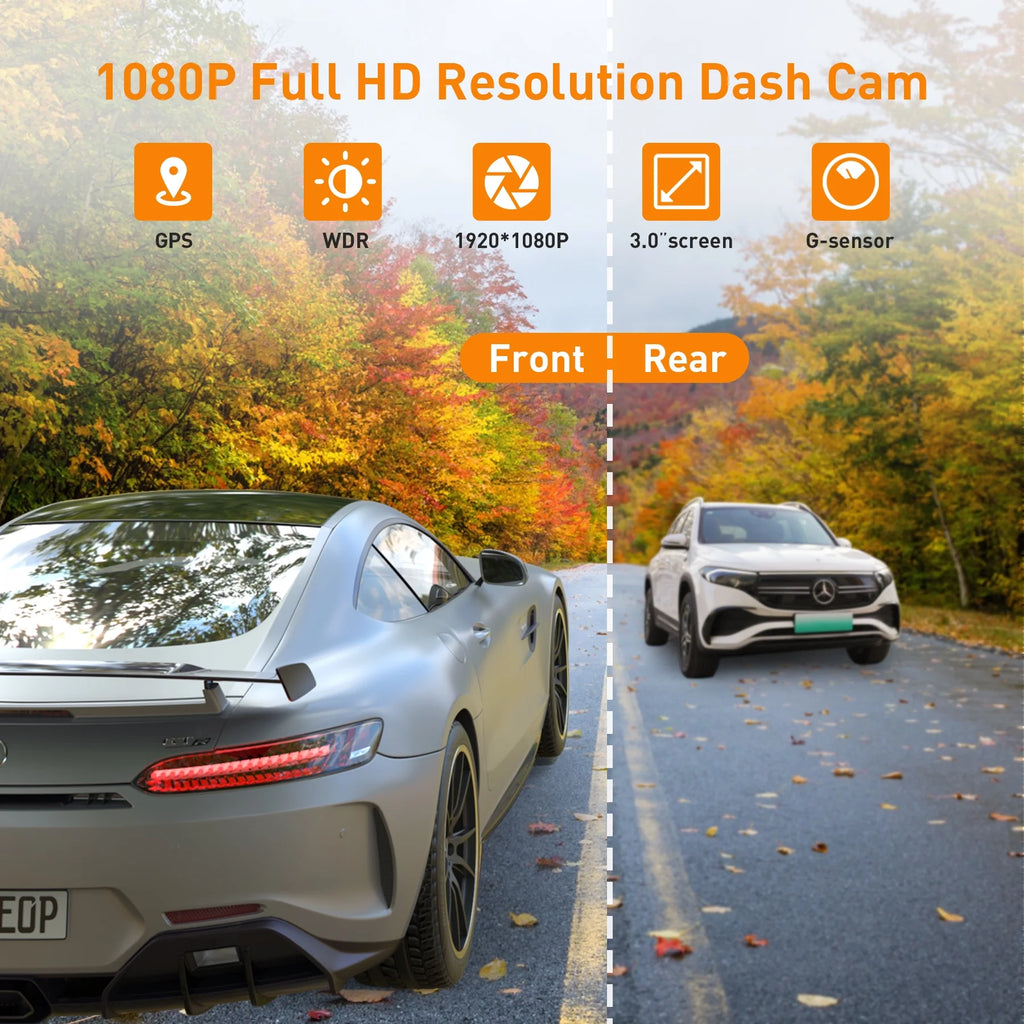 Dash Cam Front & Rear 1080P Full HD Night Vision, Parking Mode, G-Sensor, Loop Recording, WDR, 3-Inch LCD