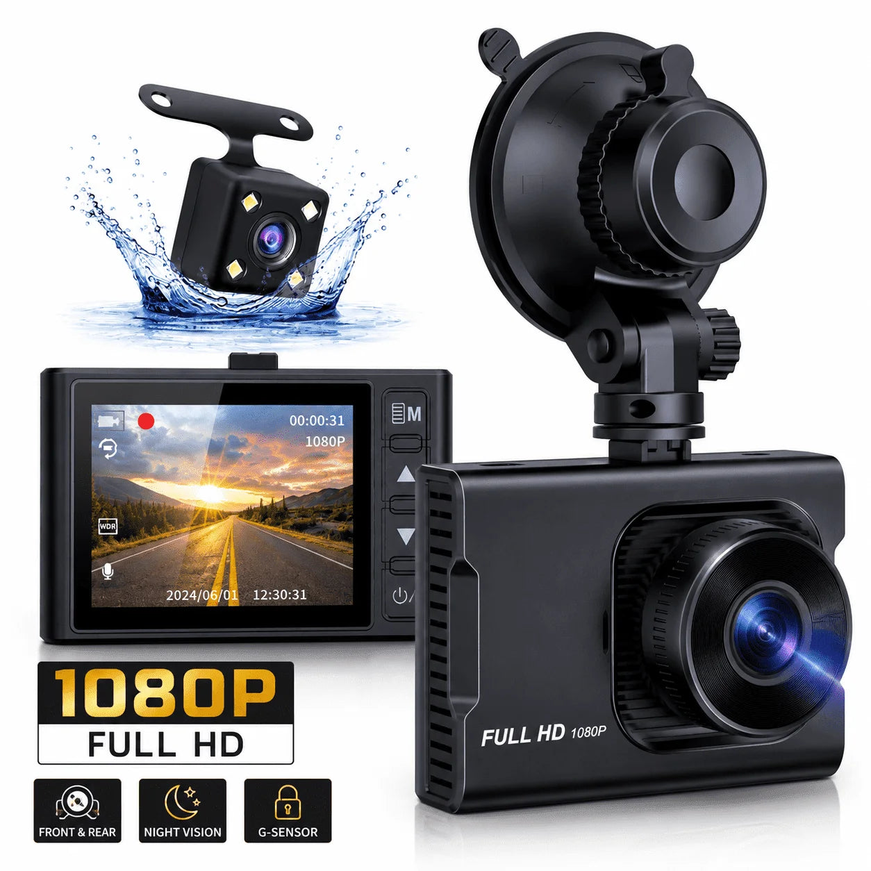 Dash Cam Front & Rear 1080P Full HD Night Vision, Parking Mode, G-Sensor, Loop Recording, WDR, 3-Inch LCD