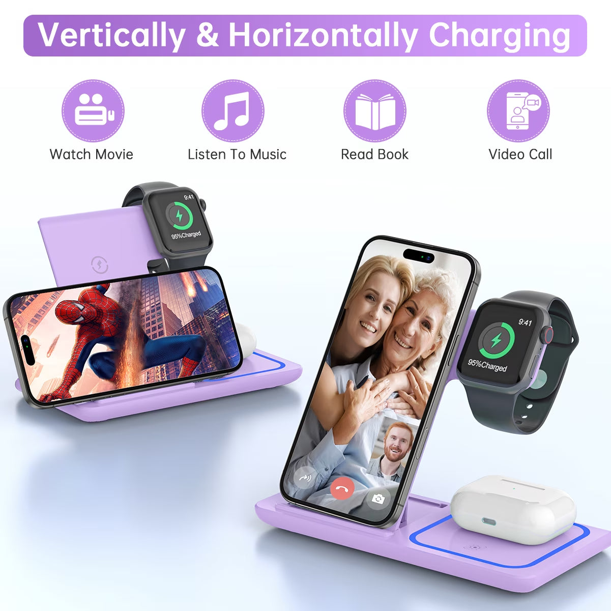 Wireless Charging Station, 18W 3 in 1 Charger Station, Fast Charging Dock Stand for Iwatch Series 11/10/9/8/7/6/SE/5/4/3, Compatible for Iphone 17/16 15 14 13 12 11 Pro Max/Samsung/ Airpod
